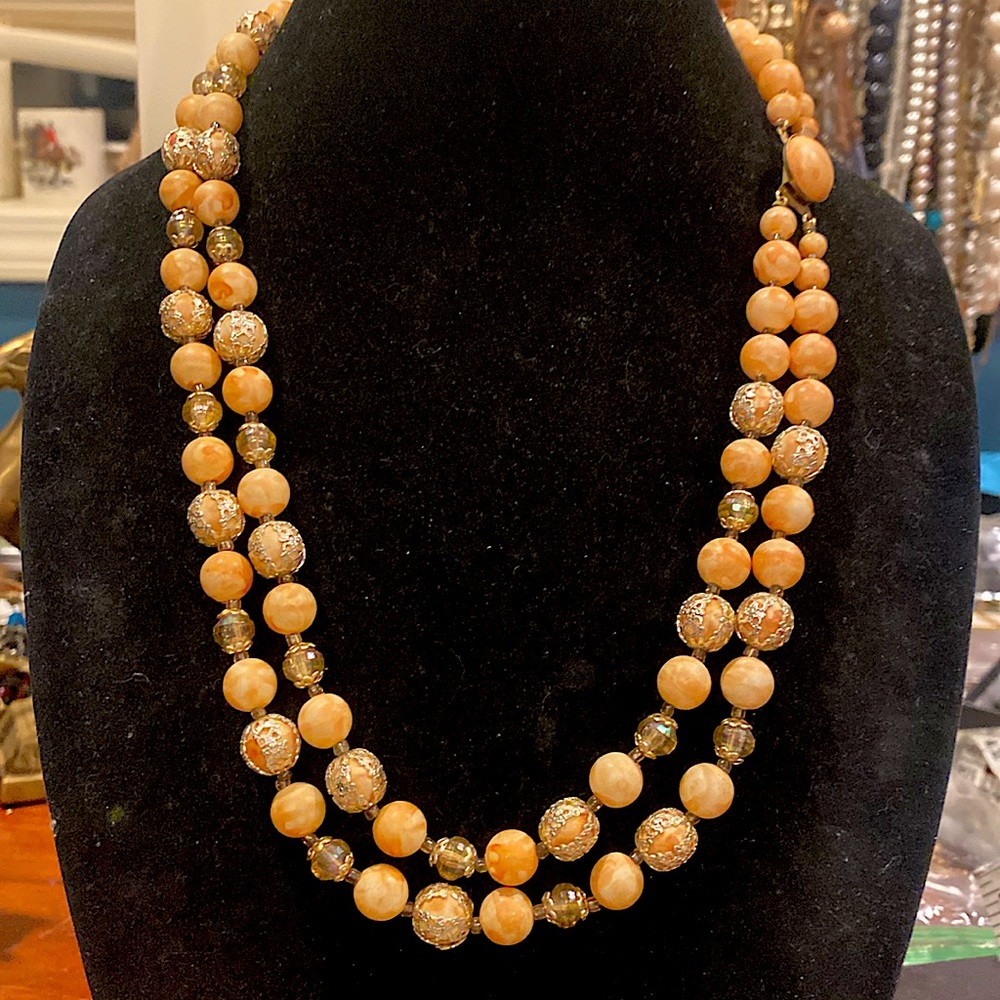 Hong Kong 2 Strand Longer Necklace Peach Swirls Gold Tone and AB.